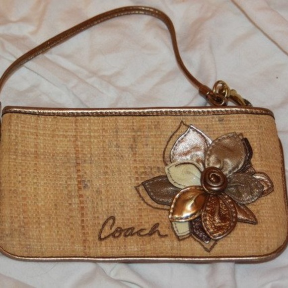 COACH Khaki/Brown Basketweave Wristlet with Floral - Picture 2 of 5